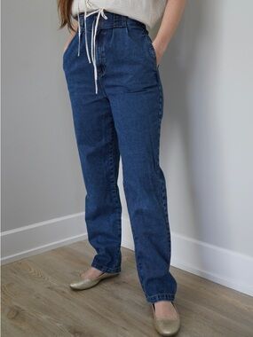 Lucy & Yak High-Rise Straight Leg Pleated Dark Wash Jeans